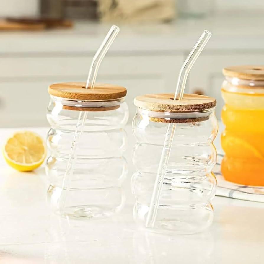Bubble Glass Tumbler with Lid and Straw, Iced Coffee Mug With Straw With Wooden Lid, Drinking Cup With Lid And Straw