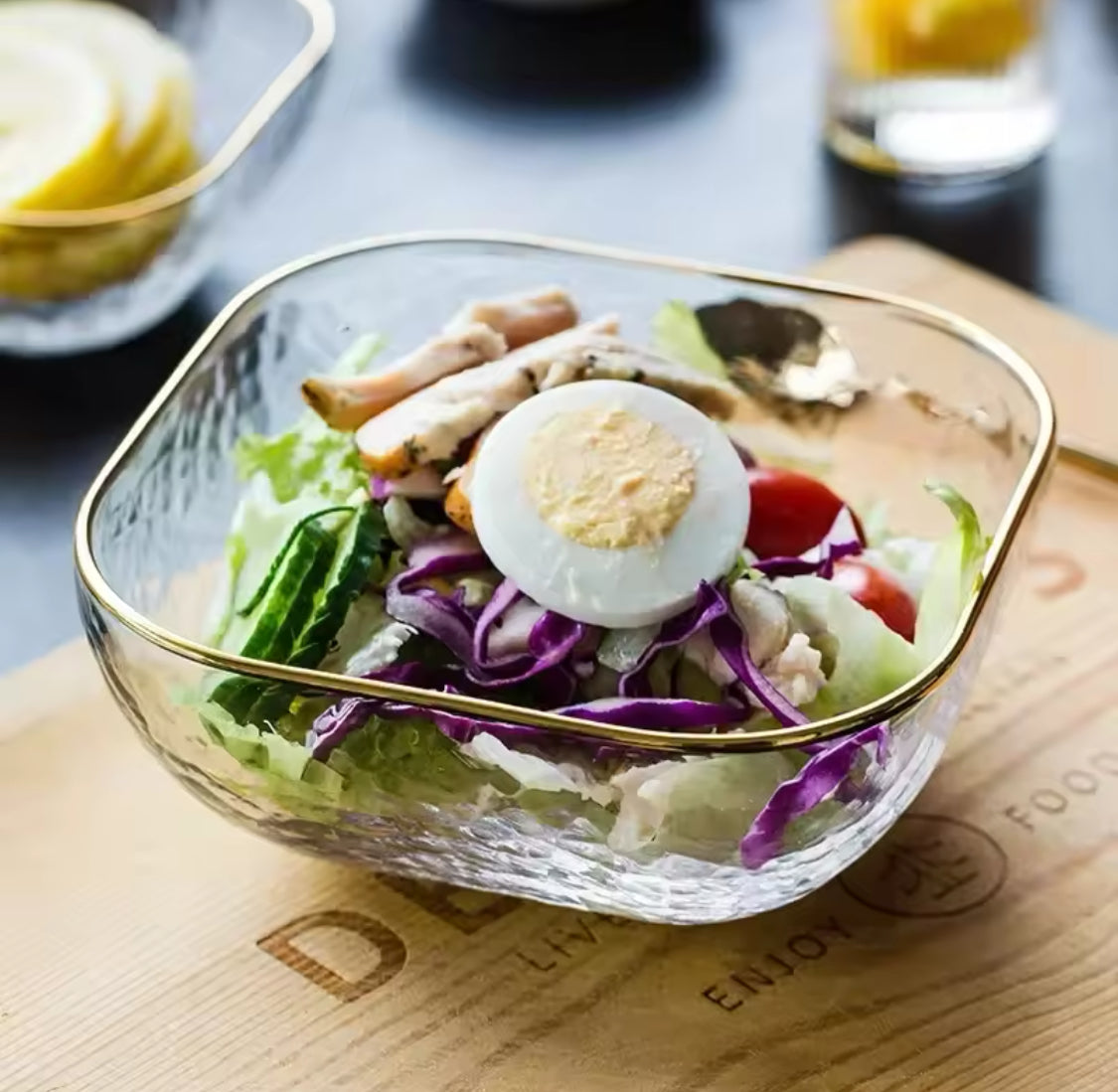 Nordic Golden Border Salad Bowl, Transparent Glass Fruit Plate, Dessert Round Square Bowl