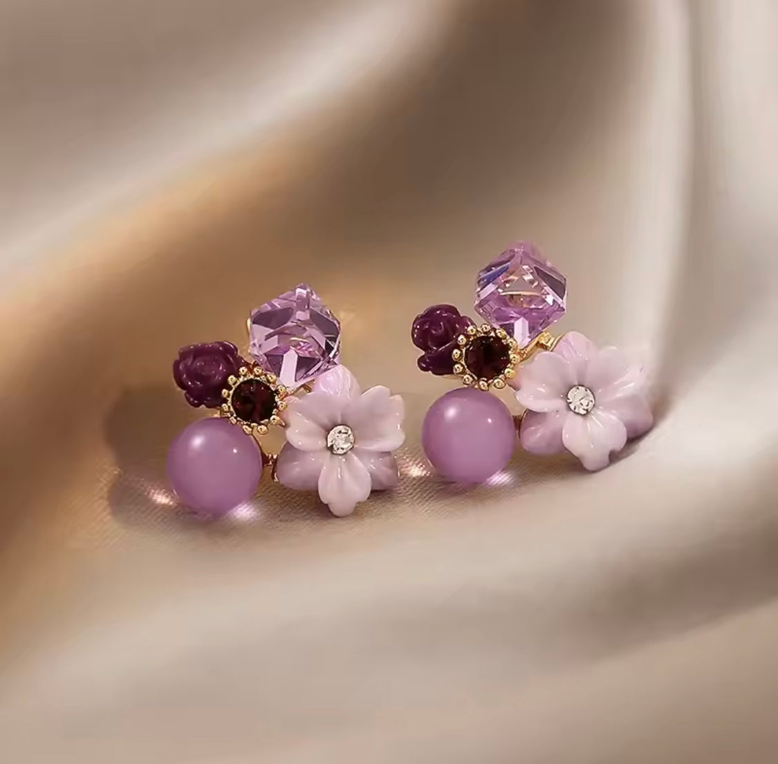 Crystal Purple Flower Beads Stud Earrings, Small Simple Earrings, Purple Floral Design Studs Earrings, Jewellery Accessories