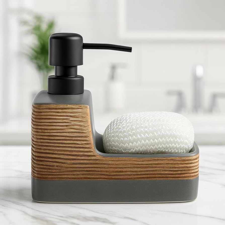 2 In 1 Ceramic Soap Dispenser with Sponge Holder, Elegant Countertop Soap Dispenser Set, Kitchen And Bathroom Soap Pump Organizer