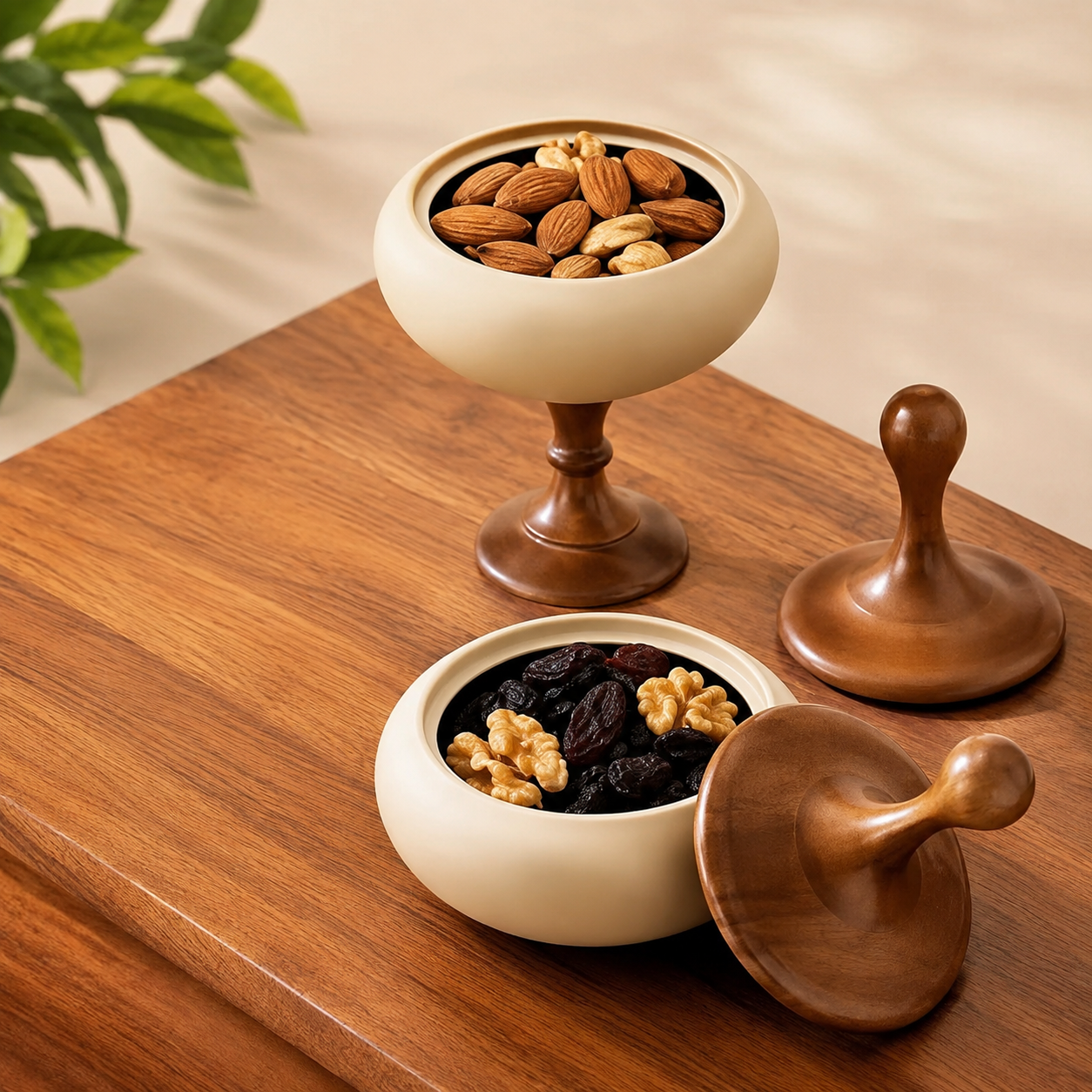 Heritage Wood And Ceramic Bowl, Royal Pedestal Dry Fruit Bowl, Classic Tabletop Nut Bowl