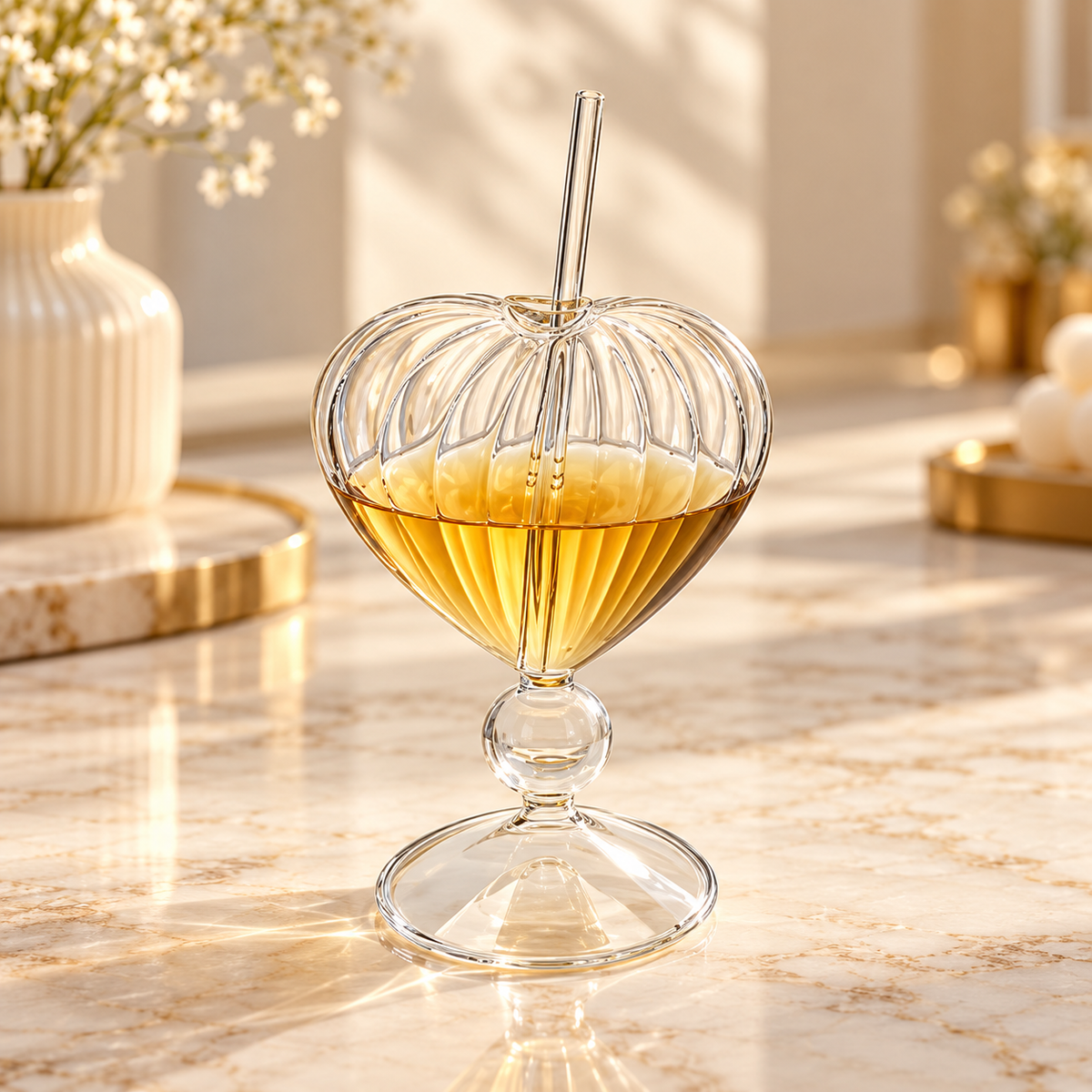 Heart Shaped Ribbed Glass Mug with Straw, Aesthetic Glass Drinking Goblet with Straw, 3D Heart Shaped Glass Drink ware, Transparent Heart Glass Cup with Straw