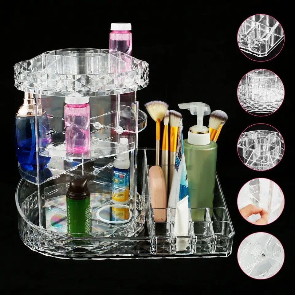 All In One Makeup Organizer, 360 Degree Rotation Makeup Organizer, Crystal Makeup Display Stand, Multifunction Detachable Makeup Beauty Organizer, Adjustable Cosmetic Display Case, Rotatable Transparent Beauty Organizer