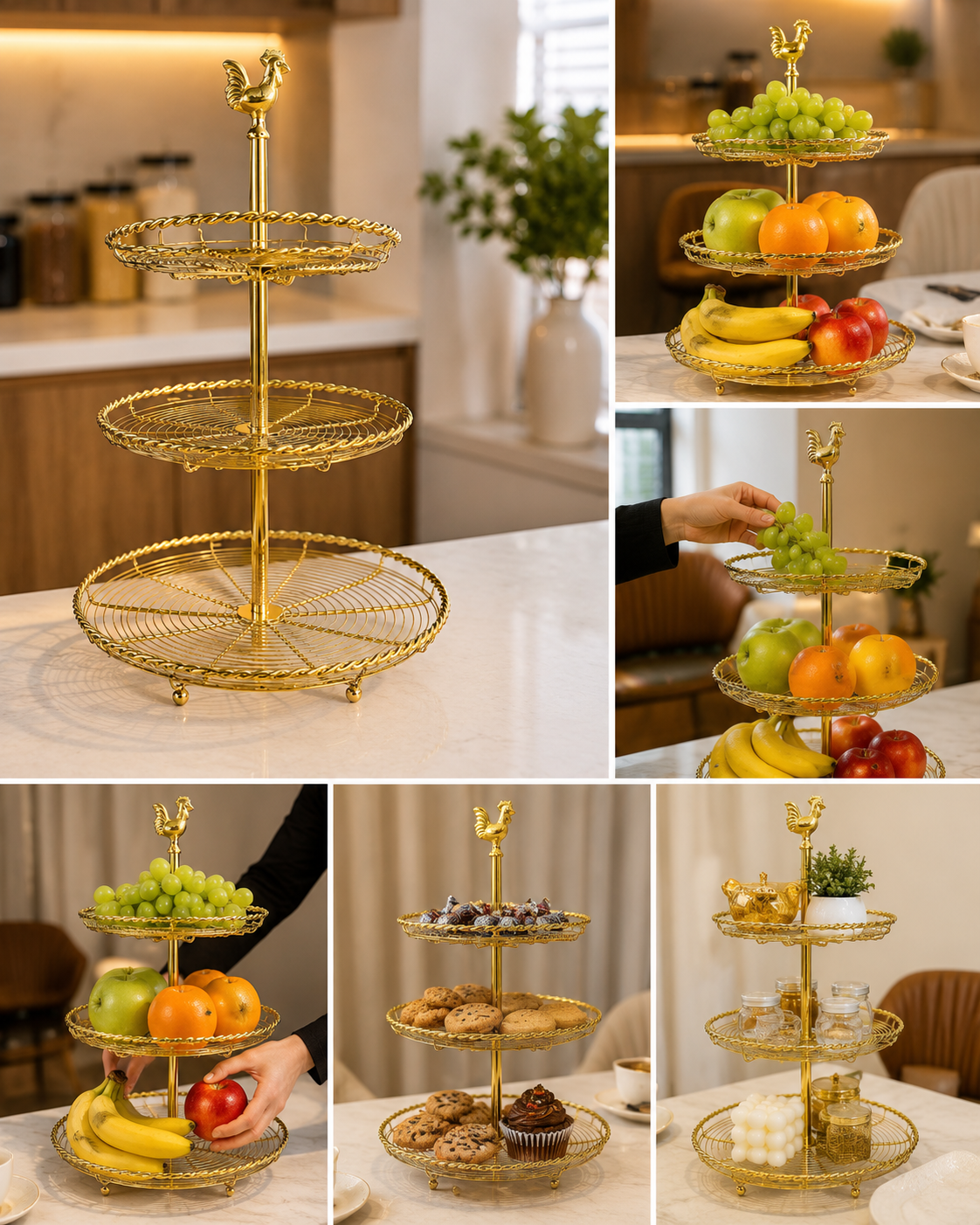 3 Tier Golden Fruit Basket with Rooster Top, Multi Purpose Serving Stand, Golden Rooster Fruit & Snack Organizer, Elegant Food Serving Stand