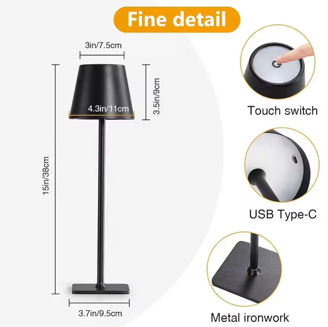 Metallic Touch Control LED Lamp, Rechargeable Luxury Style Lamp, 3 Modes LED Lamp