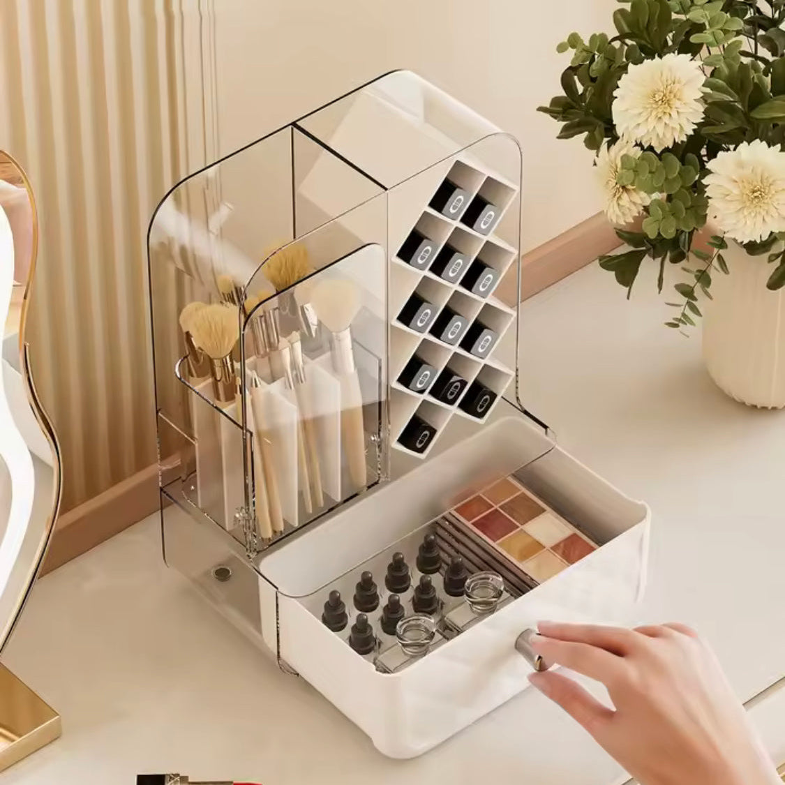 Luxury Cosmetic Organizer With Drawer, Acrylic Desktop Makeup Brushes Organizer, Dust Proof Lipstick Grid Compartment Organizer
