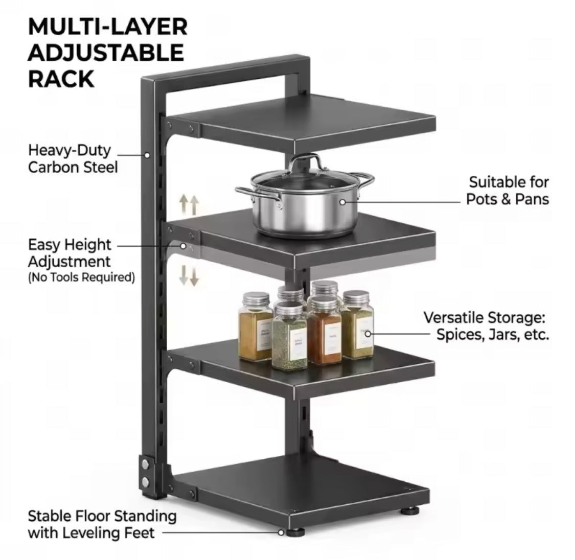 Adjustable Floor Standing Kitchen Pot Storage Rack,  Space Saving  Storage Rack, Multi Layer Kitchen Cabinet Storage Rack, Multifunctional Under Sink Organizer