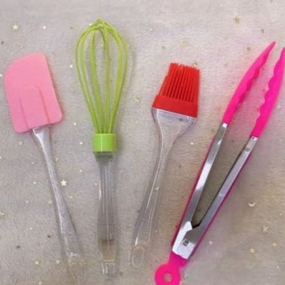 Set Of 4 Silicon Utensil Set, Kitchen Baking Cooking Tool Set, Spatula Scraper Pastry Brush Food Tong Whisk Set, Transparent Handle Silicon Cream Tong, Scrapers And Brush, 4 In 1 Silicone Kitchenware Set