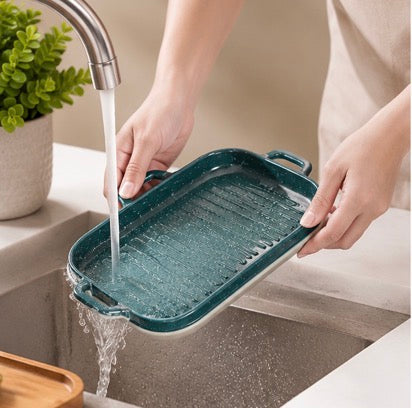 Non Stick Ceramic Roasting And Baking Tray, Deep Ceramic Baking Dish with Side Handles, Heavy Duty Ceramic Baking Tray with Raised Grill Ridges