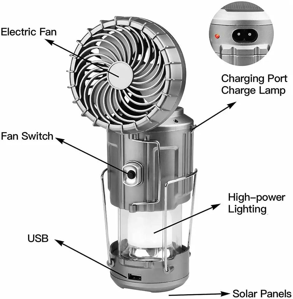 Multifunctional Camping Fan Light, Portable Hanging Tent Fan Light, Electric Fan Solar Powered Camping Fan with LED Lantern, Handheld Foldable Rechargeable Lamp