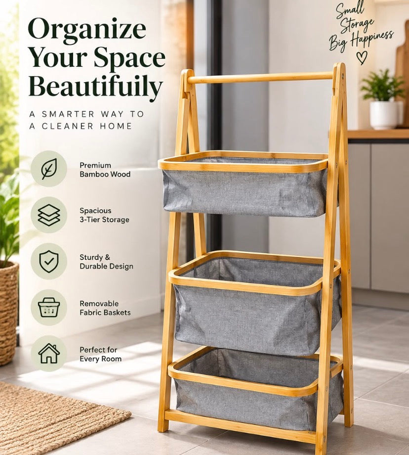 Multi Layer Bamboo Laundry Storage Organizer, Double Layer Bamboo Laundry Rack, Foldable Bamboo Laundry Basket Stand, Laundry Basket And Storage Organizer