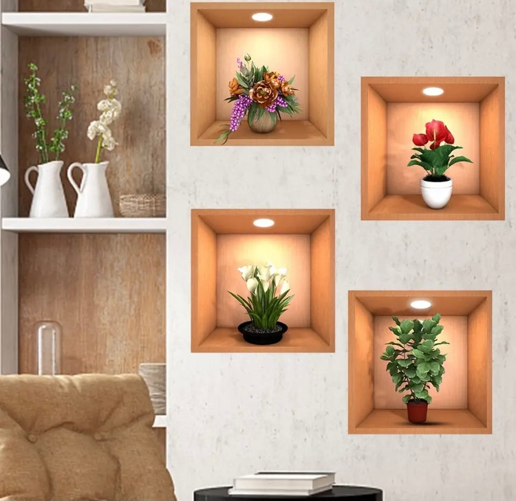 Set Of 3 Potted Plant Wall Sticker, 3D DIY Room Scene Decoration Sticker, Remove Self Adhesive Wall Decals