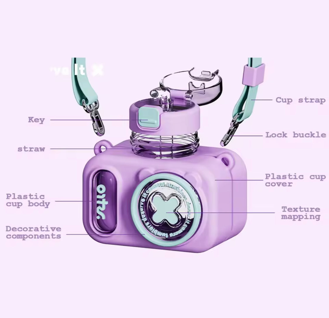 Camera Shape 600ml Water Bottle, Kids School Straw Water Cup with Shoulder Strap, Large Capacity Straw Drinking Cup, Kids Water Bottle