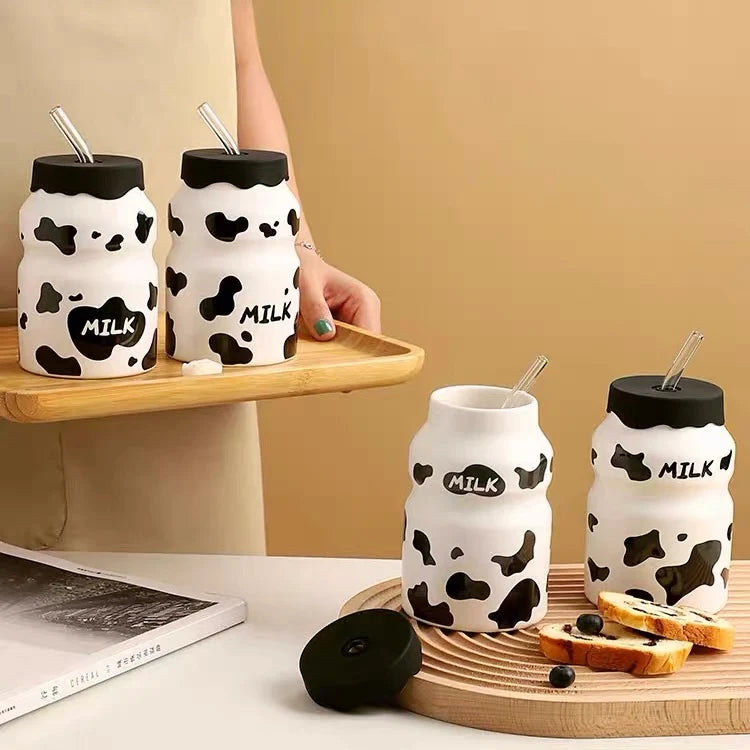 Korean Style Cow Pattern Ceramic Tumbler with Straw, Adorable Cow Print Water Bottle, 400ml Cow Print Drinking Cup