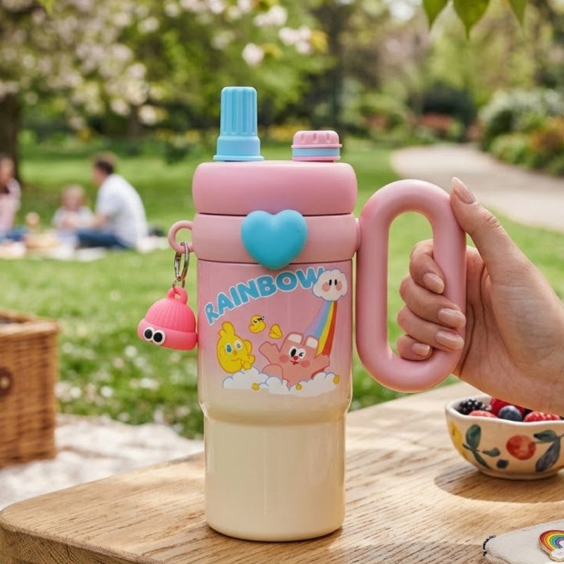 Cute Kawaii Rainbow Insulated Tumbler Sipper With Handle, Leak Proof Stainless Steel Straw Sipper, Easy Grip Vacuum Tumbler
