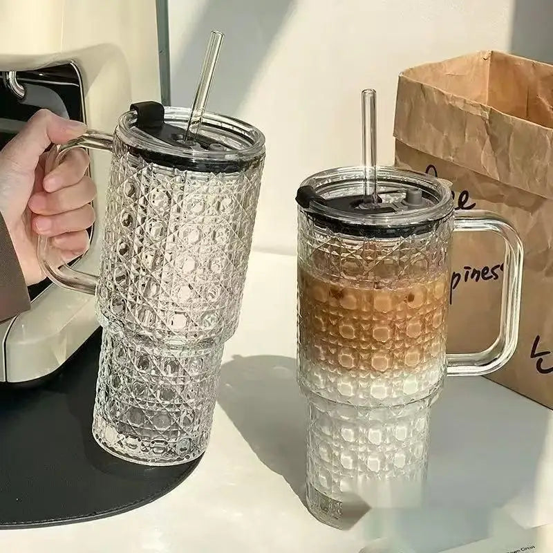 Durable Transparent Glass Water Cup With Handle, Diamond Pattern Glass Drinking Cup, Portable Large Capacity Glass Straw Cup