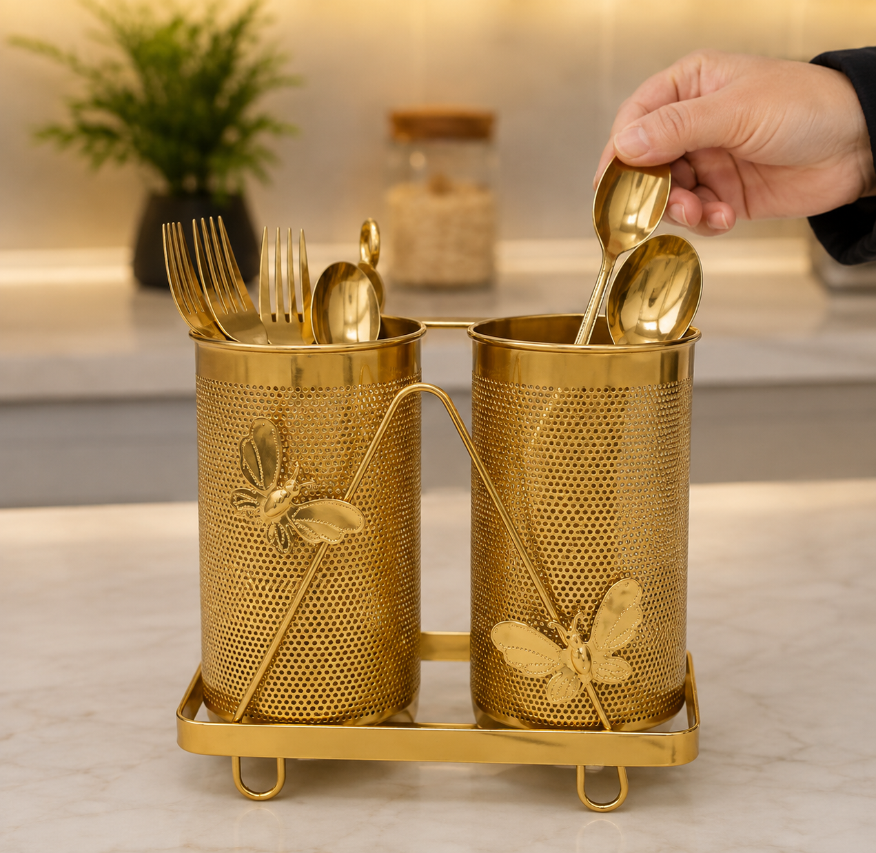Dual Cup Cutlery Organizer Stand, Kitchen Utensil Organizer, Elegant Golden Kitchen Utensil Organizer, Decorative Golden Cutlery Storage Stand