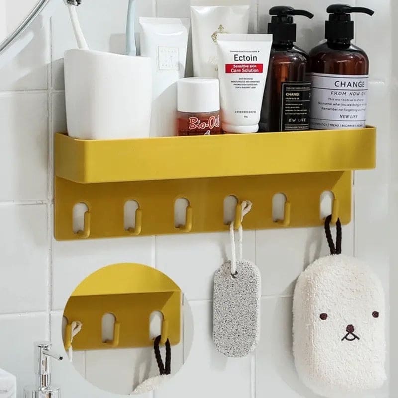 Shower Caddy Basket With Hooks, Wall Mounted Floating Shelf, Multipurpose Countertop Basket, Bathroom Kitchen Storage Rack, Self Adhesive Storage Rack With Hook, Nordic Kitchen Bathroom Rack