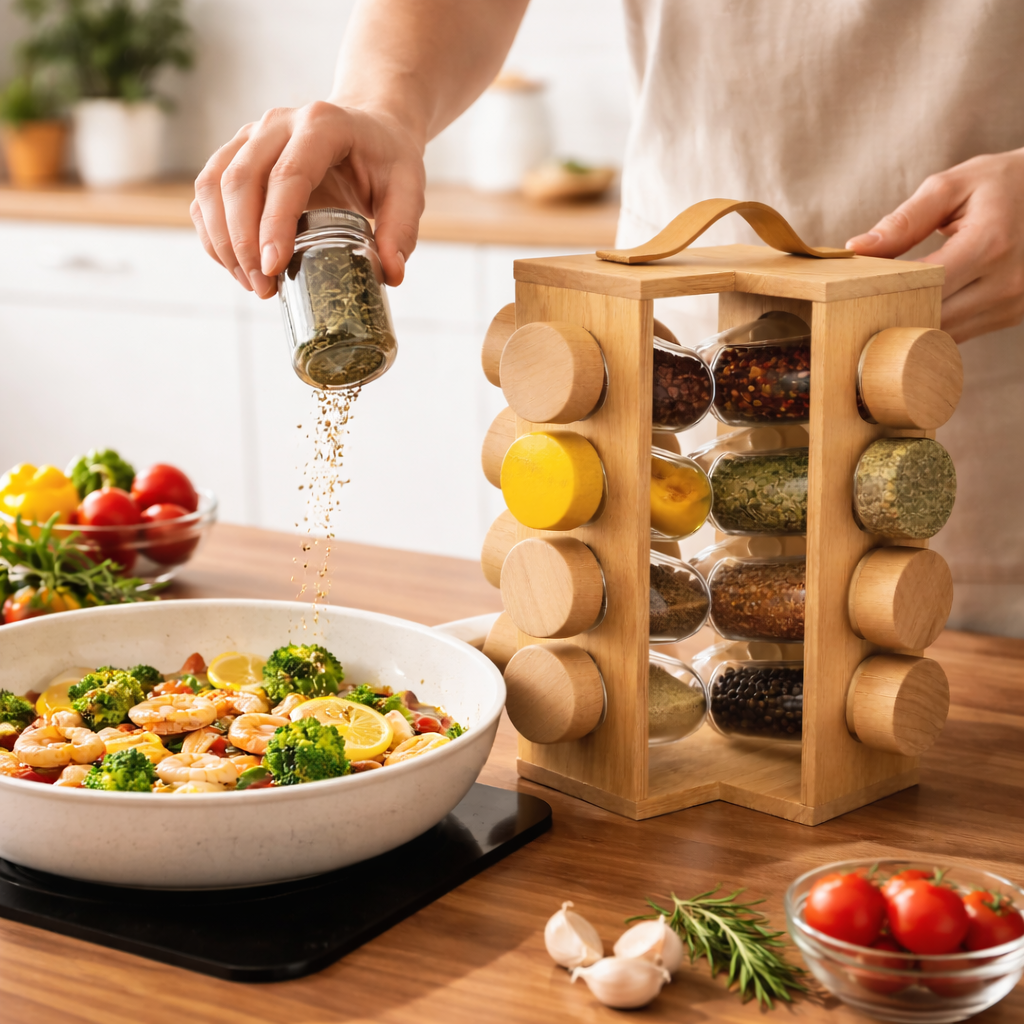 Rotatable Wooden Spice Jar With Handle, Kitchen Masala Rack with Jars Set, Spice Jar Stand, Kitchen Storage Organizer