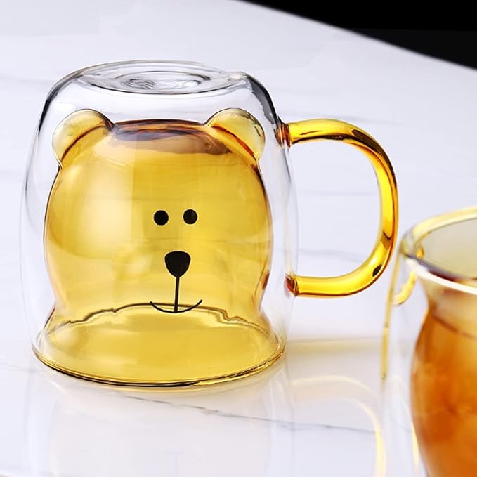 Adorable Bear Face Glass Coffee Mug, Double Wall Bear Buddy Glass Cup, Cute Bear Thermal Glass Mug
