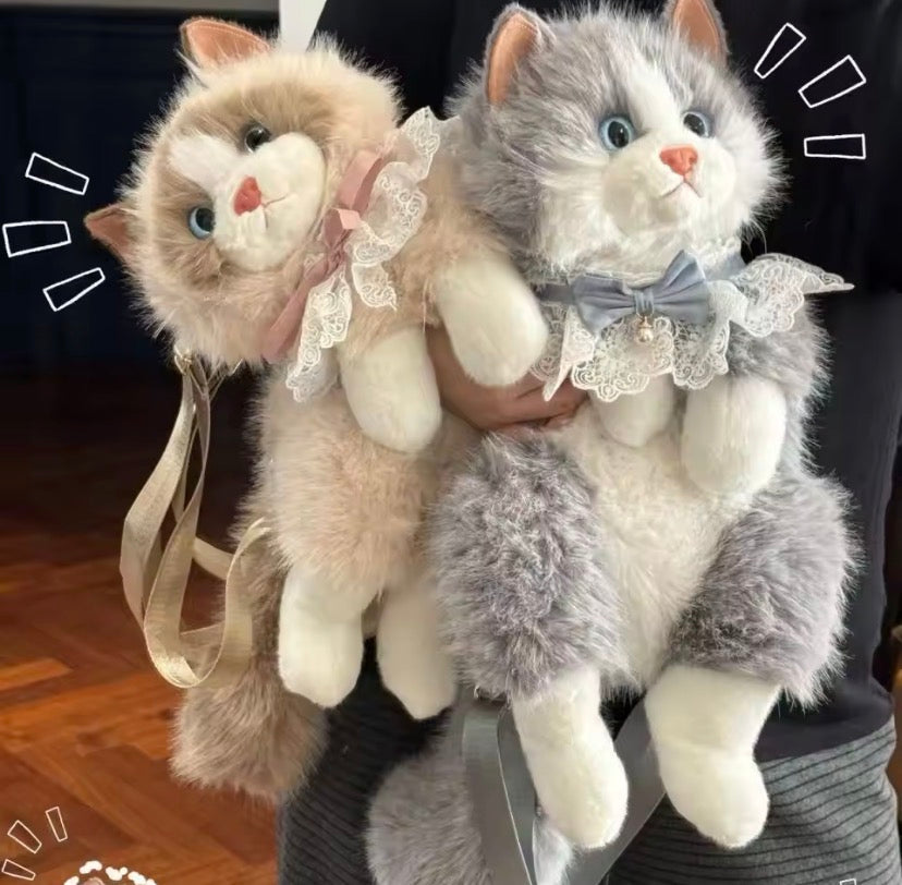 Cute Cat Plush Stuffed Backpack,     Kawaii Cat Backpack Carrier, Fluffy Cat Doll Backpack, Adorable Cat Shoulder Backpack