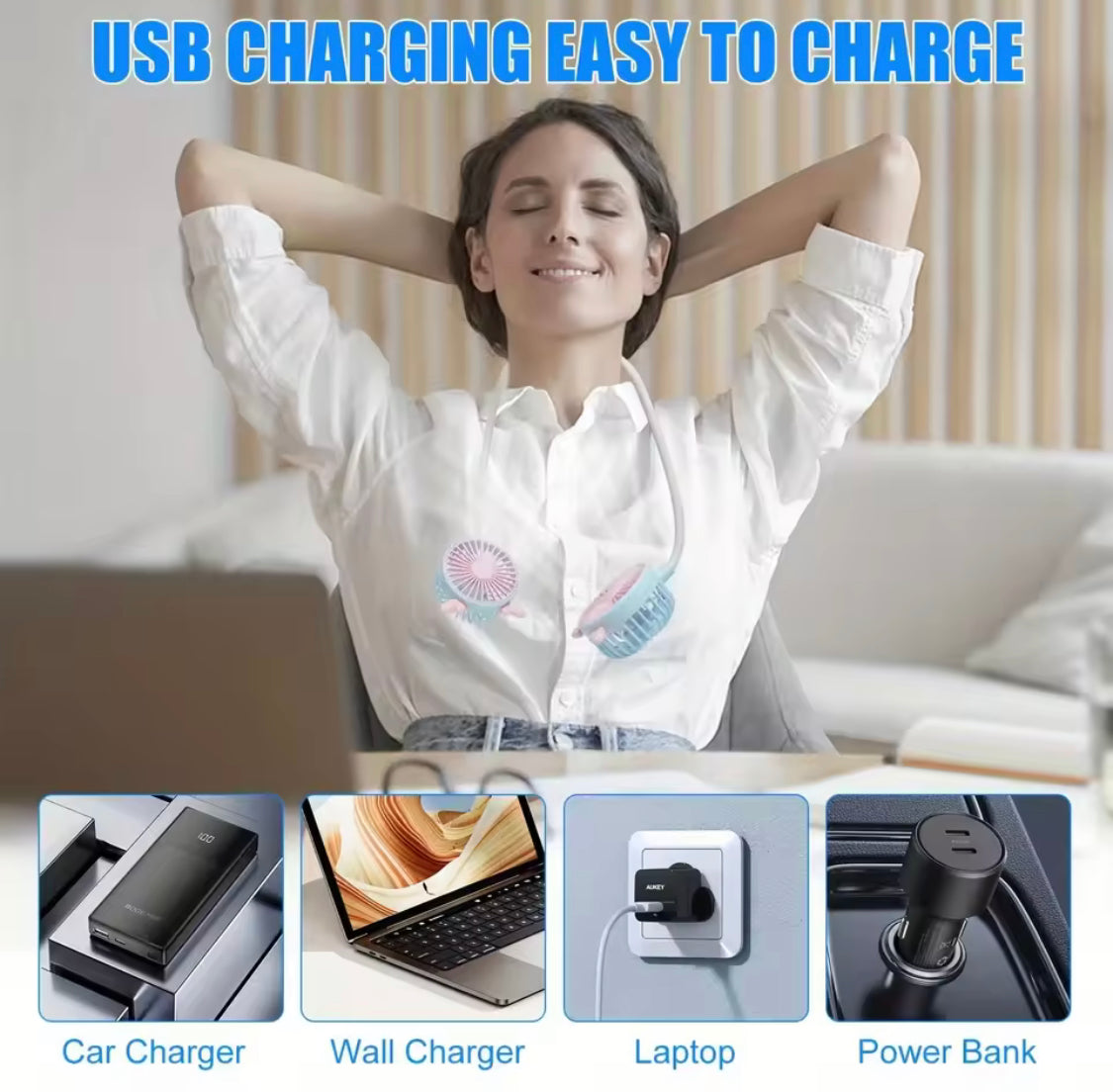 360° Rotating USB Neck Fan, USB Rechargeable Travel Neck Fan, Air Cooler Cooling Neckband Fan, Bladeless Hanging Neck Fan