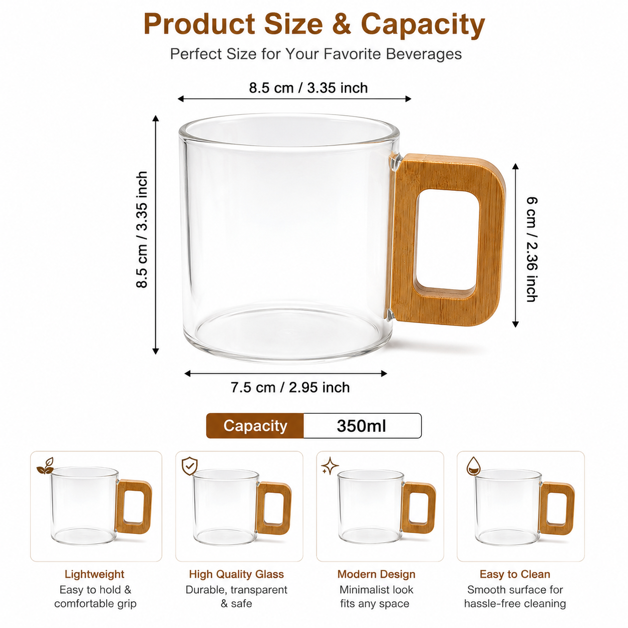 Transparent Glass Coffee Mug with Wooden Handle, Heat Resistant Tea Cup, Coffee Drinking Mug, Daily Sip Glass Cup, Nordic Wooden Handle Mug