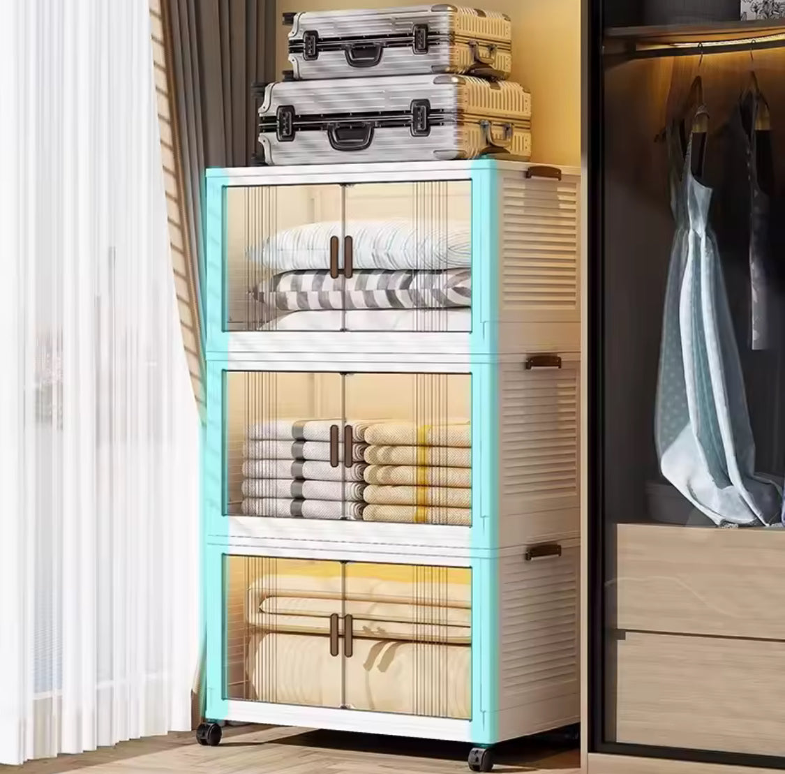 Multi Layer Foldable Storage Cabinet, Bedroom Closet Organizer With Doors, Portable Wardrobe Cabinet, Clothes Storage Organizer, No Installation Storage Cabinet, Plastic Folding Storage Cabinet
