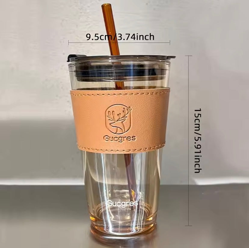 Aesthetic Glass Coffee Cup, Water Glass Sipper With Straw, Coffee Mug With Leather Pad, Bamboo Glass Water Cup