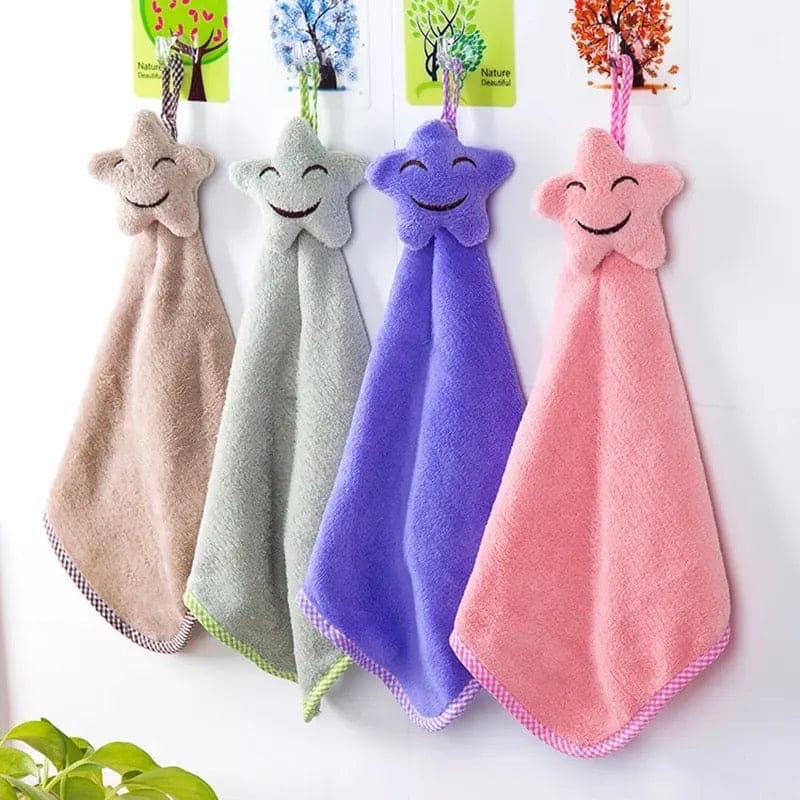 Star Kitchen Cleaning Towel, Microfiber Hanging Hand Towel, Cute Baby Towel, Bathing Towel For Children Kids Bathroom, Soft Hand Drying Towel, Coral Velvet Absorbent Cloth, Sink Towel with Loop, Hand Kitchen Towel Napkin with Ties