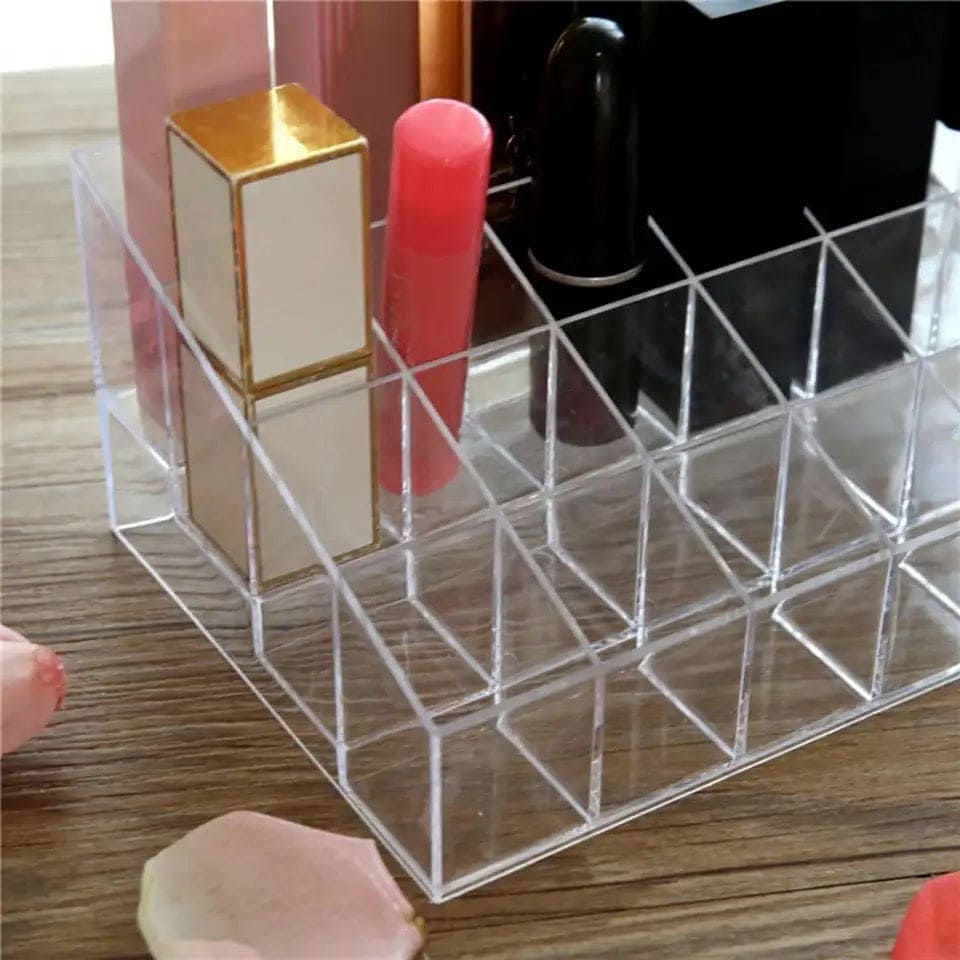 24 Grid Lipstick Holder, Acrylic Lipstick Nail Polish And Jewellery Display Rack, Visible Clear Cosmetic Makeup Brush Stand, Reusable Beauty Organizer, Large Capacity Clear Vanity Versatile Usage Makeup Storage Case