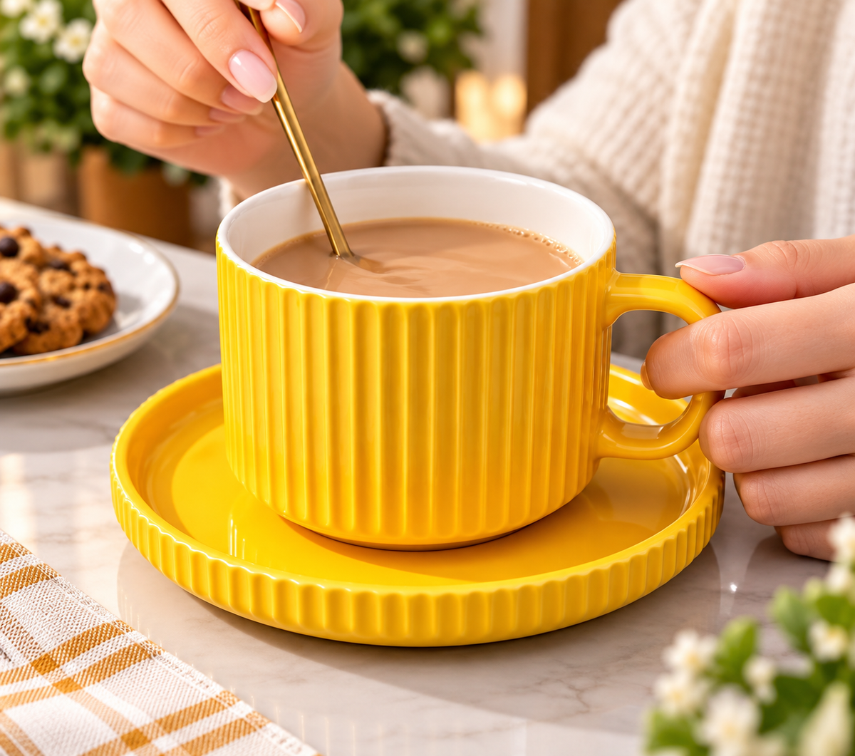 8pcs Ceramic Ribbed Coffee Cup With Saucer Set, Fluted Ceramic Mug with Matching Saucer, Vintage Fluted Cup And Saucer Set