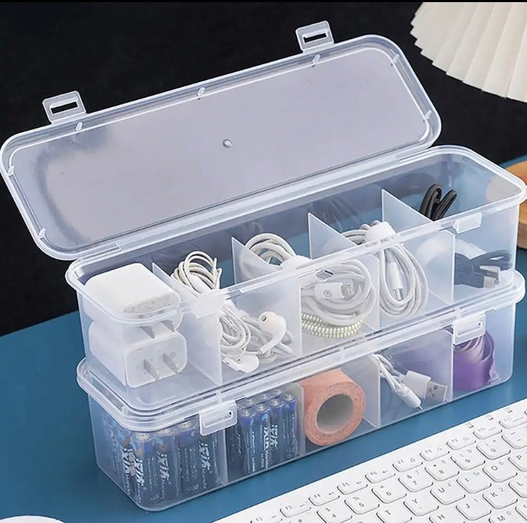 Transparent 4 Compartment Box, Data Cable Organizer With Lid, Dustproof Desktop Organizer For Office Home