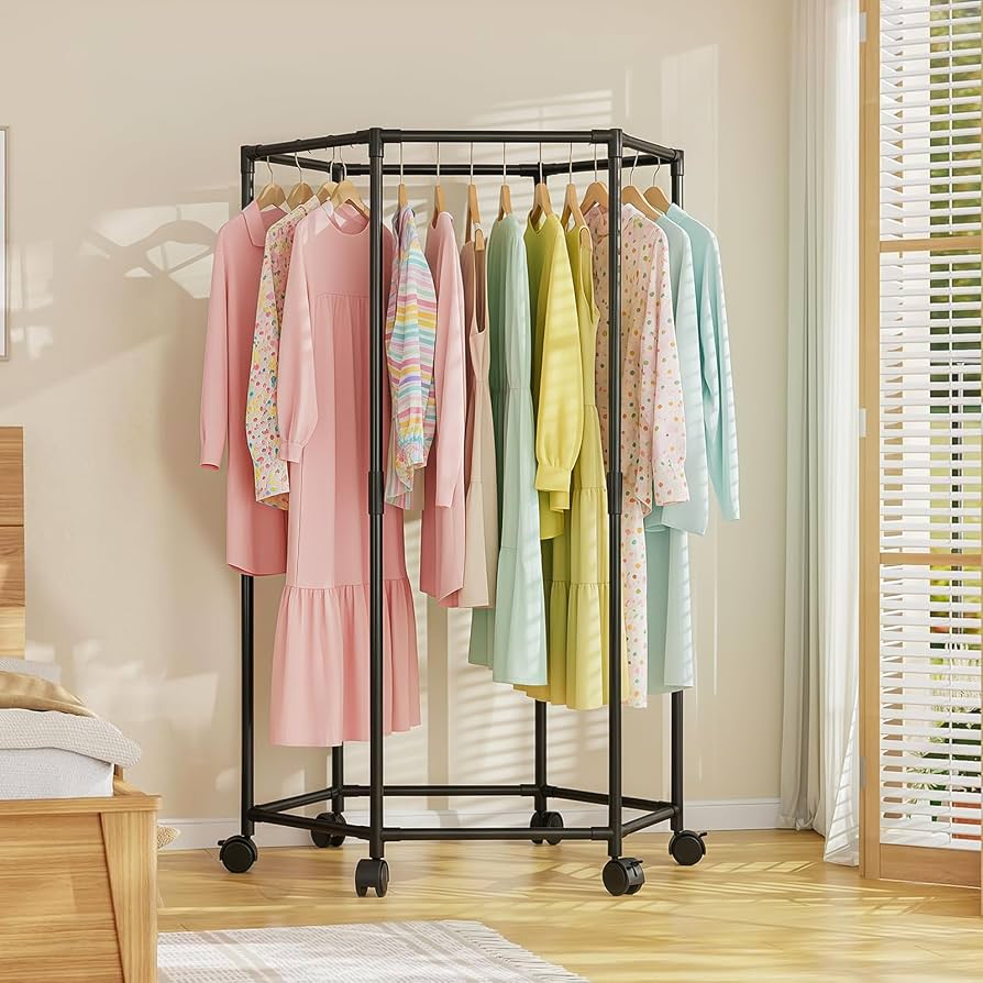 360° Rotating Metal Clothes Stand Rack With Wheels, Multi Purpose Garment Organizer, Rolling Clothes Hanging Rack, Portable Clothes Storage Rack, Space Saving Rolling Clothes Rack
