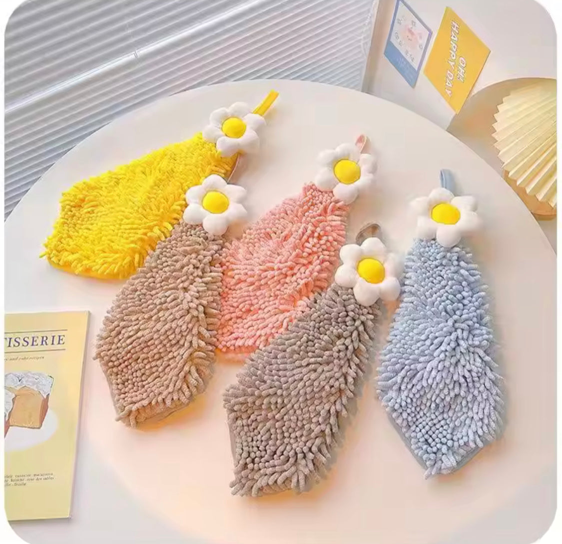Set Of 3 Chenille Hand Towel with Hanging Loops, Sun Flower Thickened Absorbent Dish Cleaning Cloth, Kitchen Cleaning Towel
