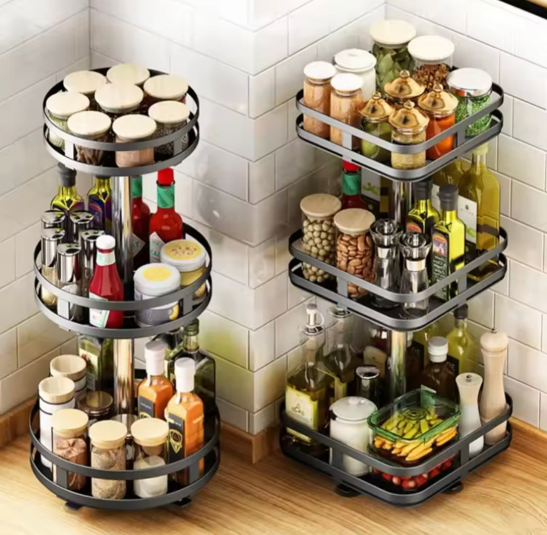 360° Rotation Spice Rack Organizer, Multi Layer Carbon Steel Kitchen Storage Rack, Non Skid Base Kitchen Storage Rack
