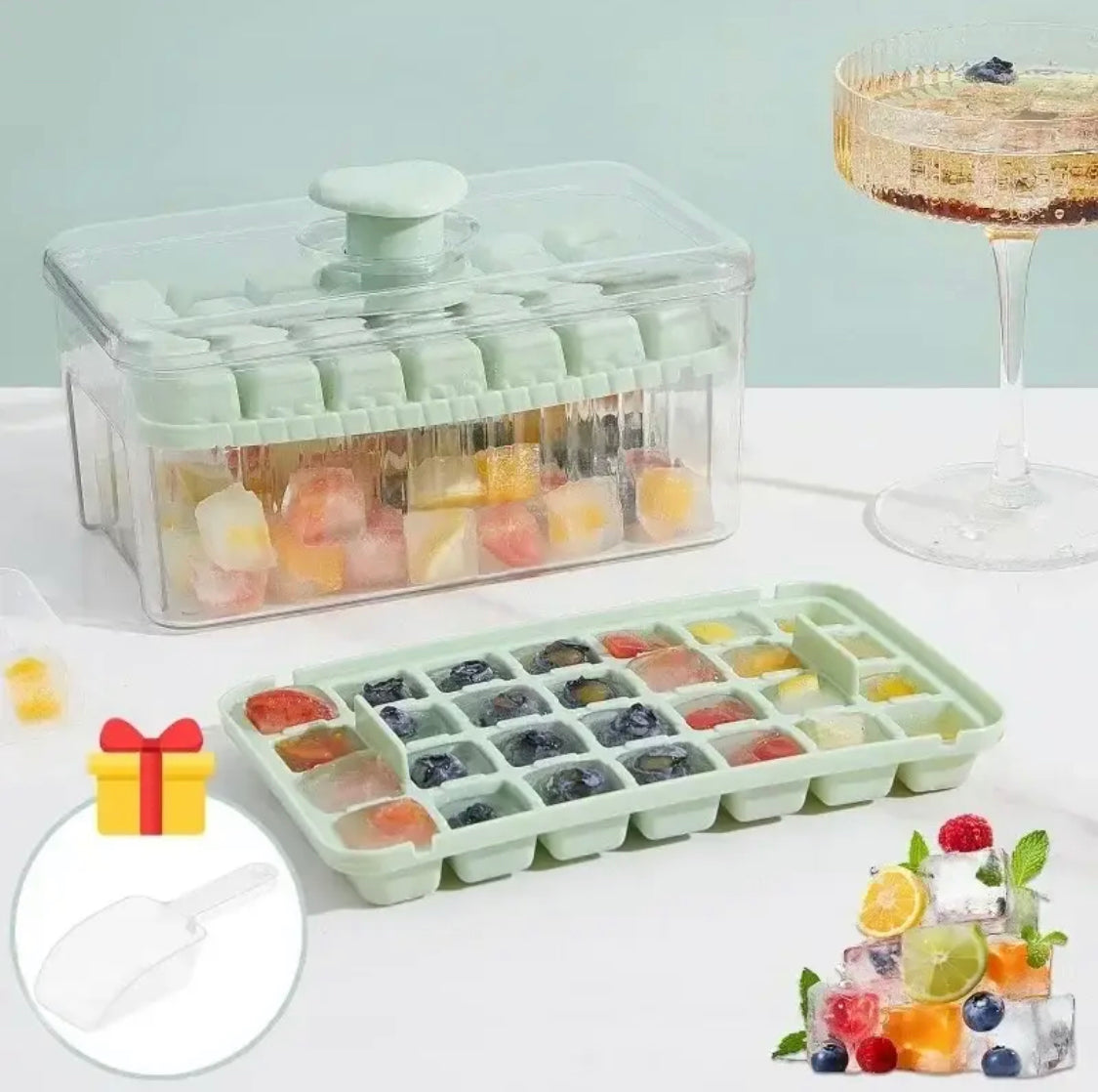 Creative One Button Press Type Ice Box, Silicone Ice Cube Tray Mould, Ice Box with Ice Scoop