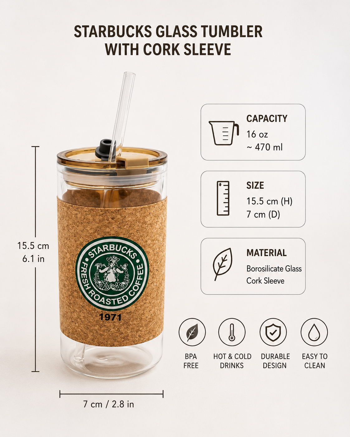 Reusable Starbucks Glass Coffee Tumbler, Double Wall Glass Coffee Tumbler,
Glass Travel Cup with Straw