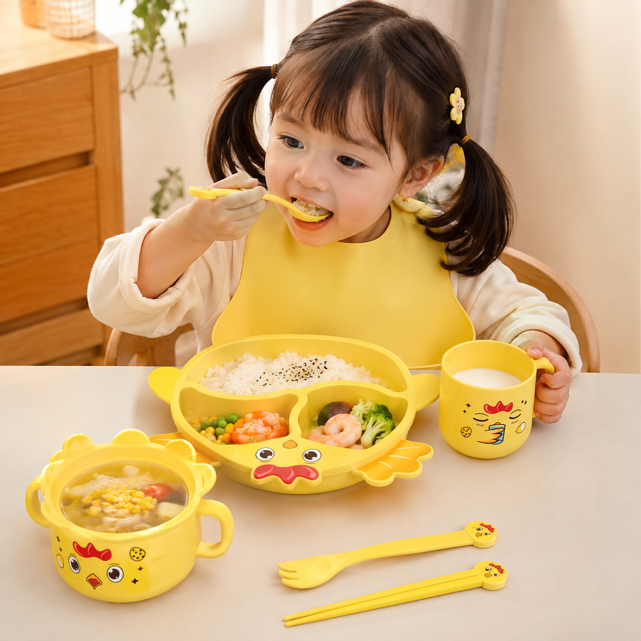 Cute Chick Kids Dinnerware Set, Baby Chick Feeding Bowl & Plate Set, Cute Cartoon Self Feeding Plate for Kids, Kids Divided Plate & Cup Set