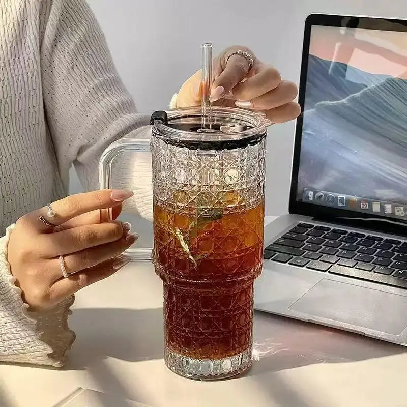 Durable Transparent Glass Water Cup With Handle, Diamond Pattern Glass Drinking Cup, Portable Large Capacity Glass Straw Cup