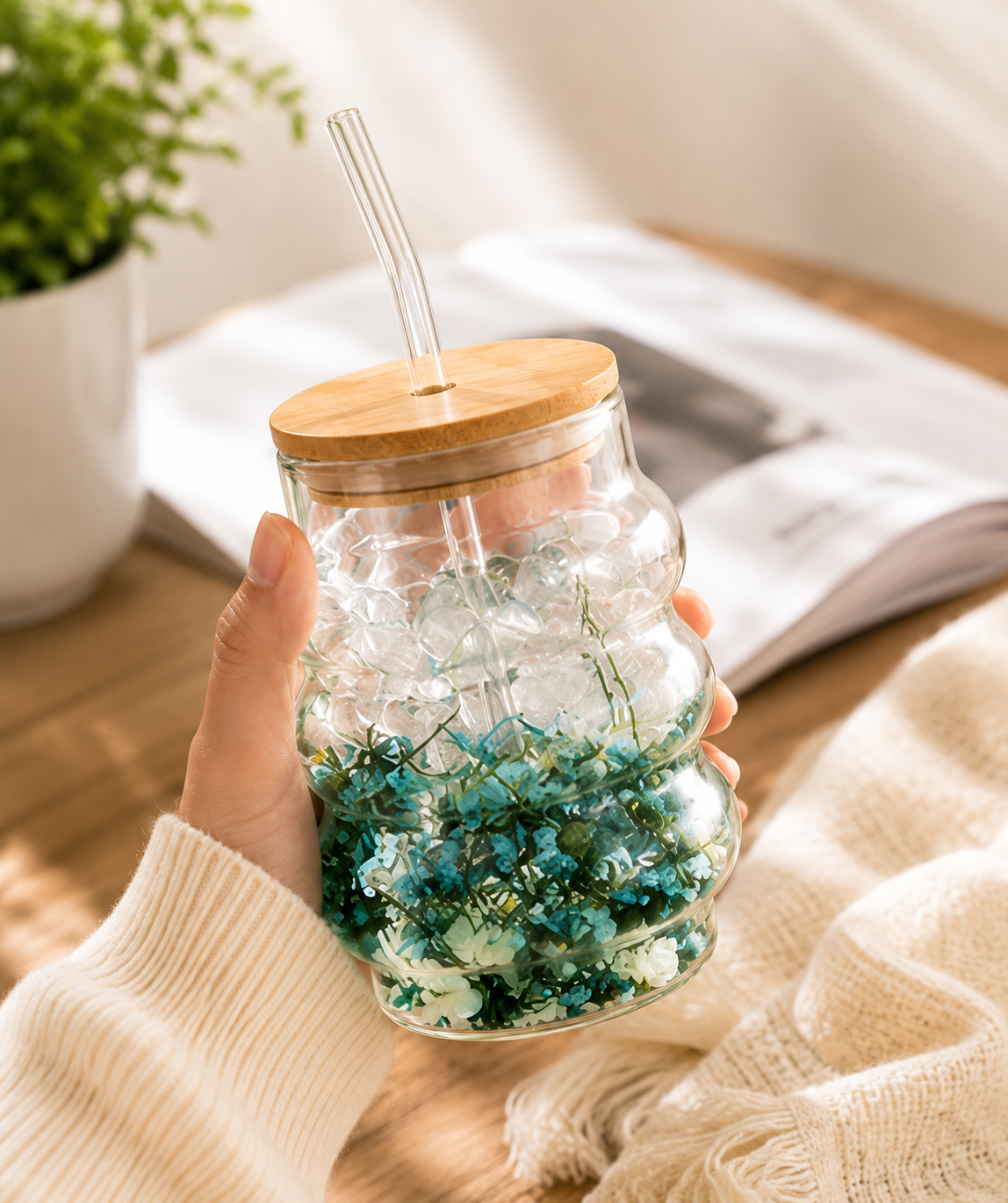 Floral Glass Tumbler with Bamboo Lid, Wavy Floral Glass Drinking Jar, Cute Floral Glass Cup with Bamboo Cover, Bubble Shape Glass Tumbler