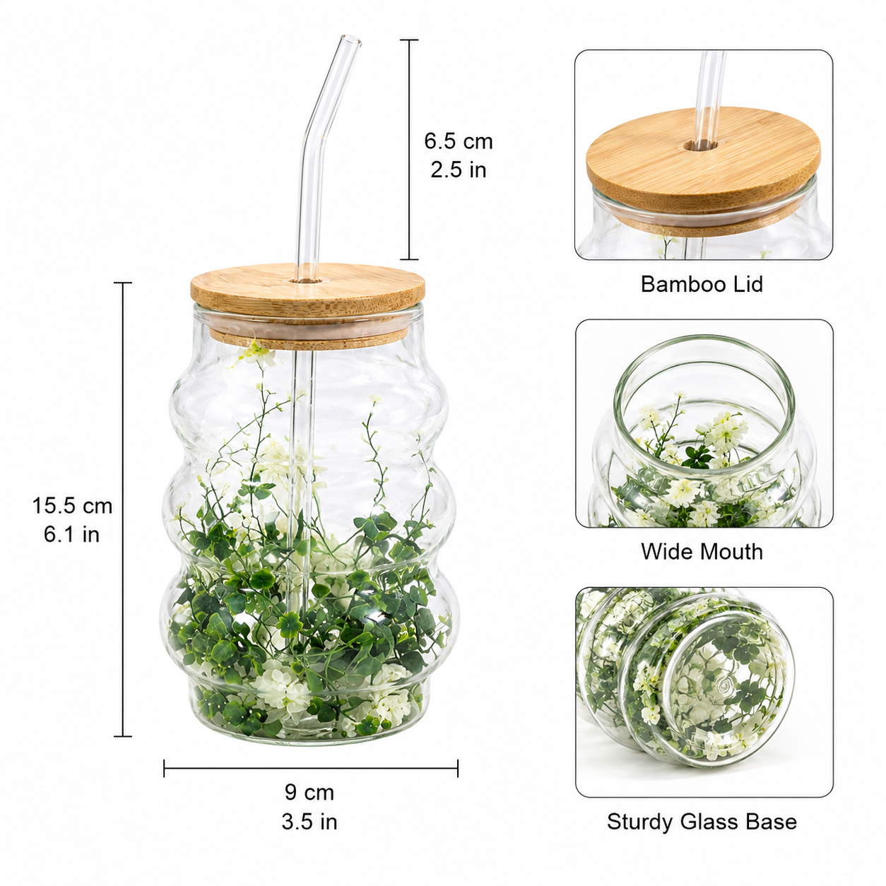 Floral Glass Tumbler with Bamboo Lid, Wavy Floral Glass Drinking Jar, Cute Floral Glass Cup with Bamboo Cover, Bubble Shape Glass Tumbler