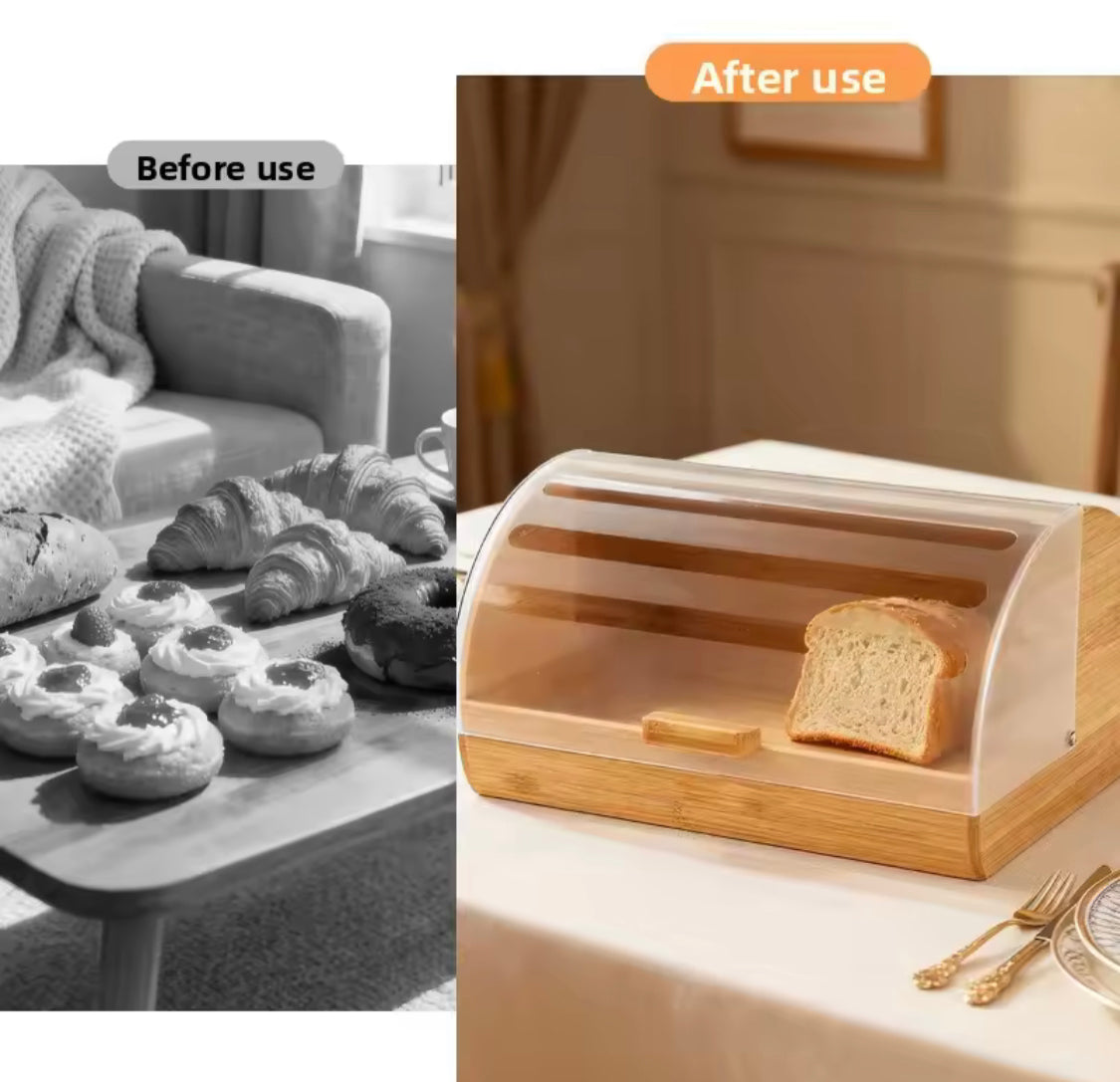 Bamboo Pastry Storage Box With Transparent Cover, Countertop Cookies Muffins Box, Bread Storage Organizer, Bamboos Bread Organizers Box With Clear Lid