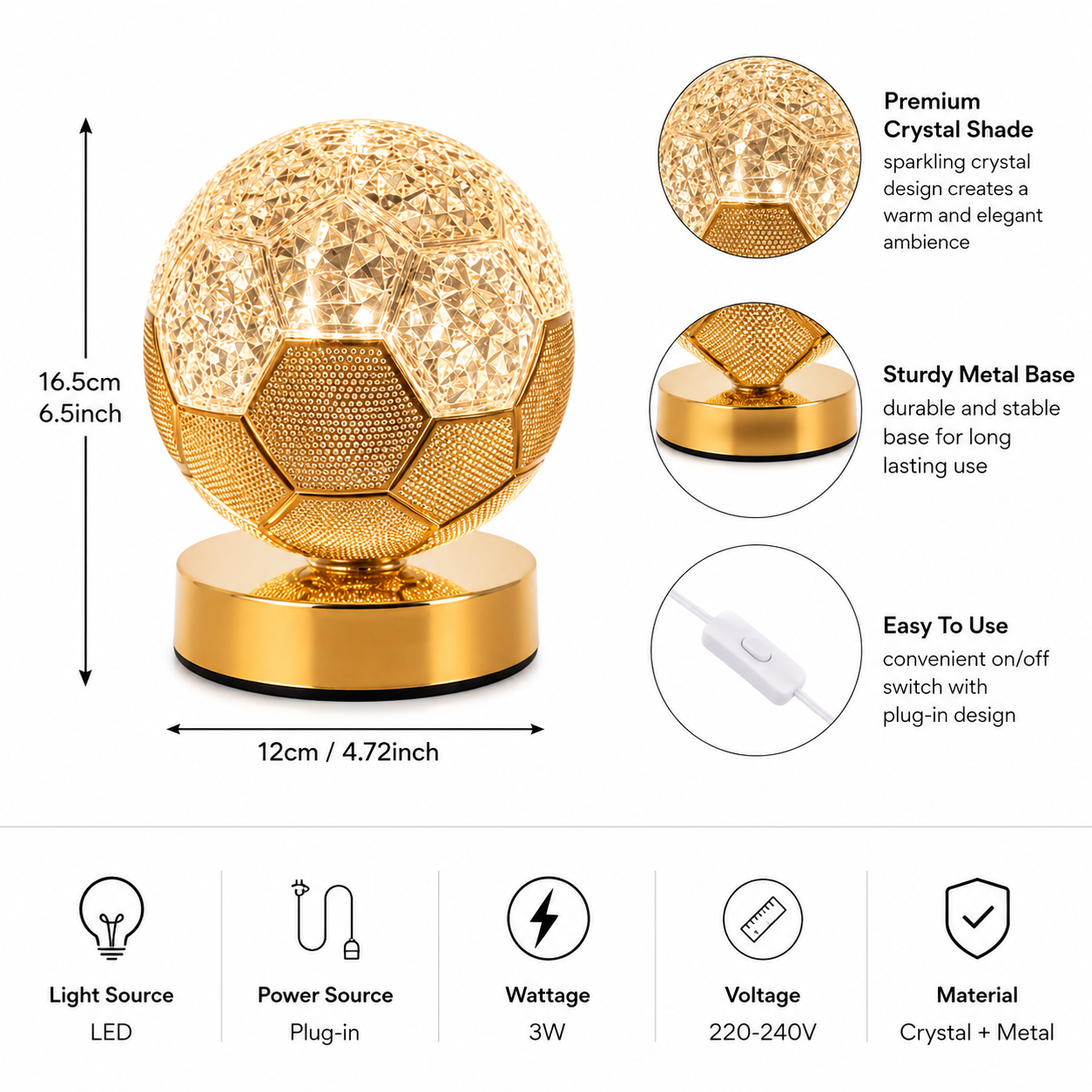 Crystal Ball Decorative Night Lamp,     Elegant Crystal Ball Table Light, Golden Decorative Ambient Night Light