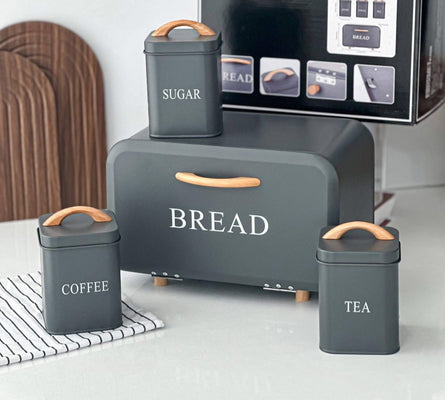 Set of 4 Nordic Bread Box & Canister Set, Modern Kitchen Bread Storage Set, Vintage Style Bread Storage Set, Home Essentials Bread Bin Set
