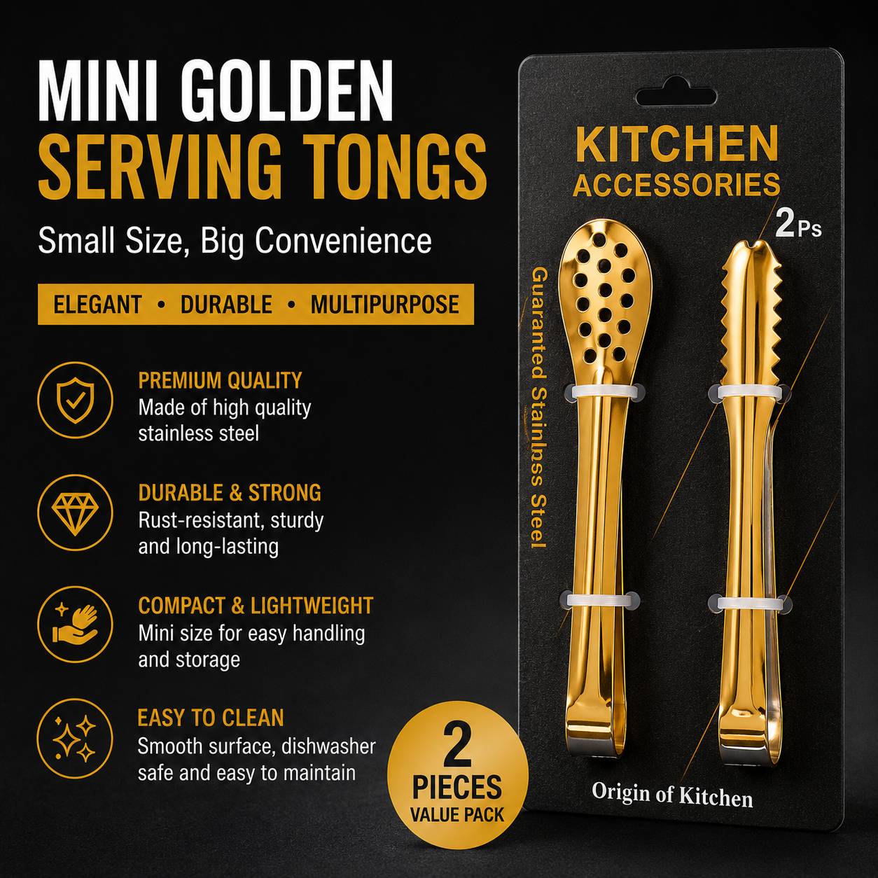 Set Of 2 Mini Golden Serving Tongs, Stainless Steel Gold Serving Tongs, Multipurpose Mini Serving Tongs, Luxury Mini Food Tongs