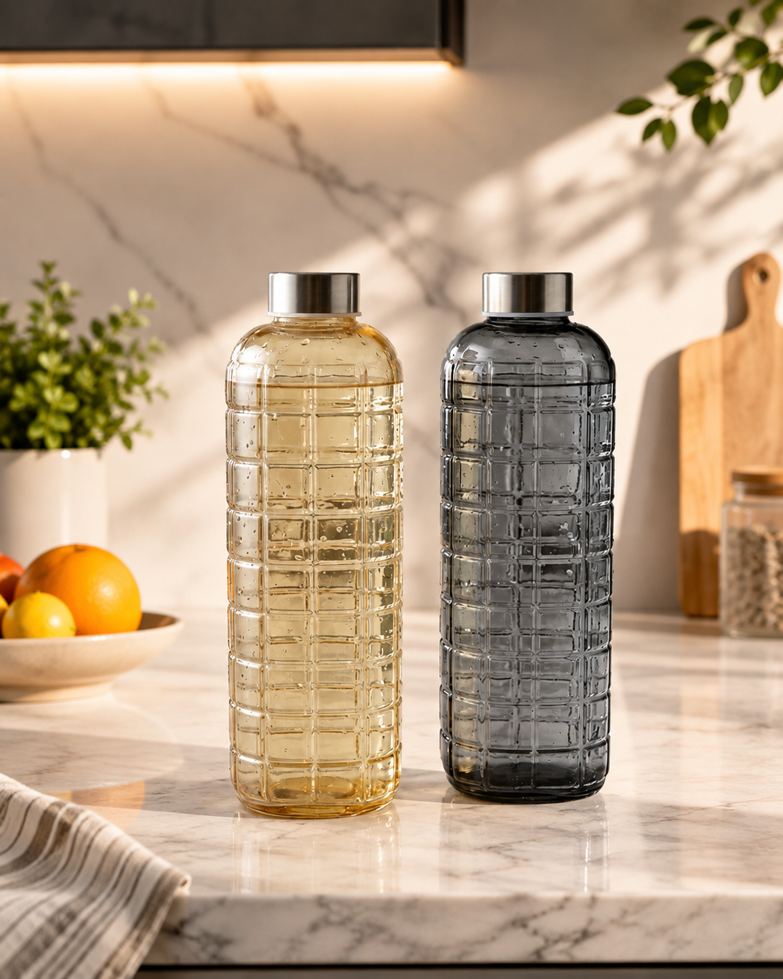 Elegant Grid Design Glass Water Bottle, Glass Water Bottle With Metal Cap, Luxury Embossed Glass Water Bottle, Aesthetic Grid Pattern Glass Bottle