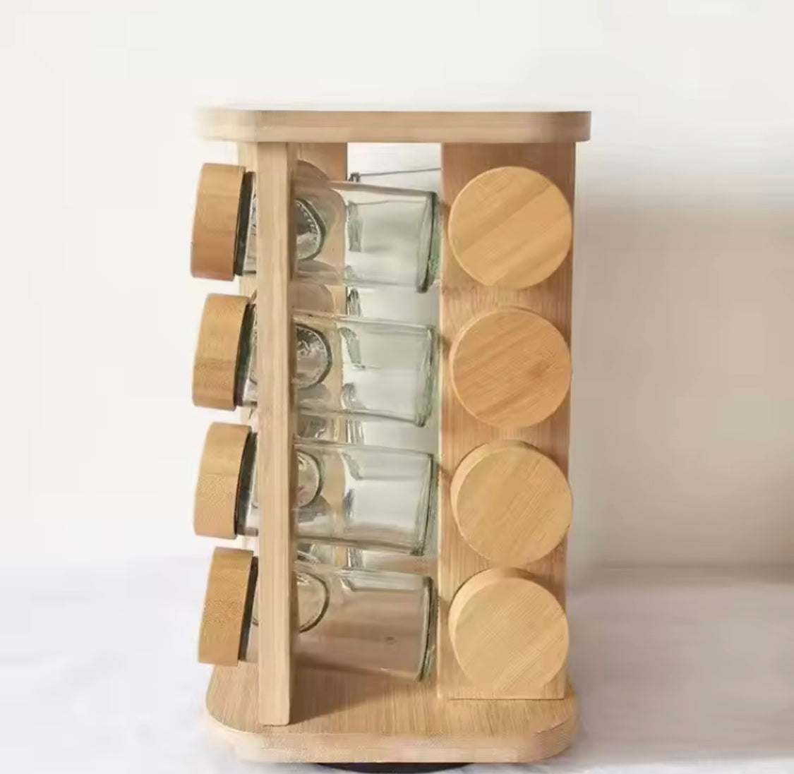 Rotatable Wooden Spice Rack With Jars, Multi Layers Square Shape Seasoning Bottle Storage Rack, Seasoning Bottles Condiment Jars, Kitchen Storage Organizer