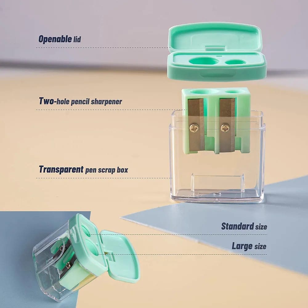 Double Hole Pencil Sharpener, Transparent Standard Pencil Cutting Machine, Manual Pencil Sharpener with Container, Colorful Compact Dual Holes Pencil Sharpener, Handheld Pencil Sharpeners for School Office Supply