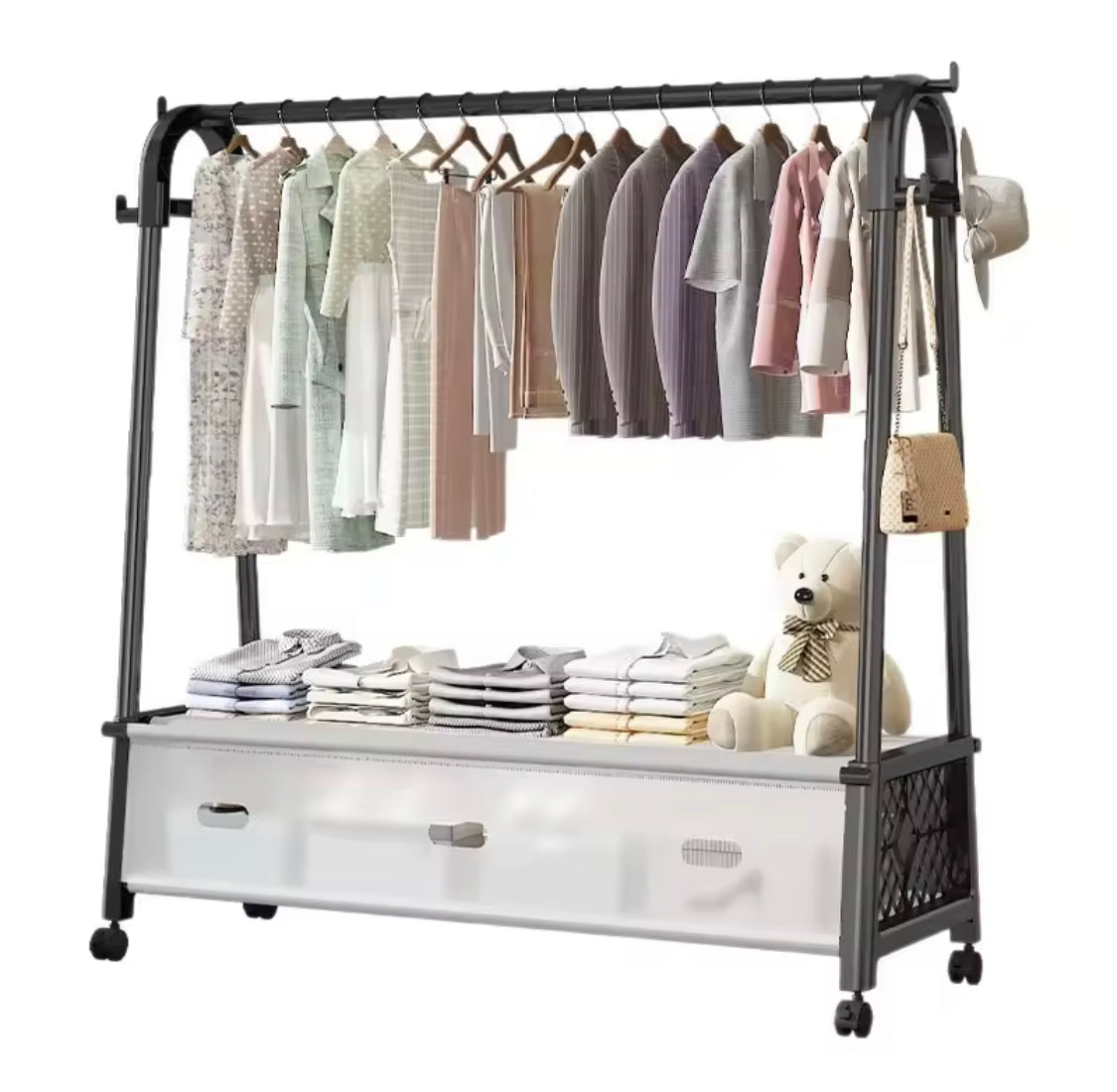 Movable Standing Clothes Rack With Wheels, A Shape Dustproof Coat Rack, Heavy Duty Minimalist Clothing Stand with Storage Wardrobe